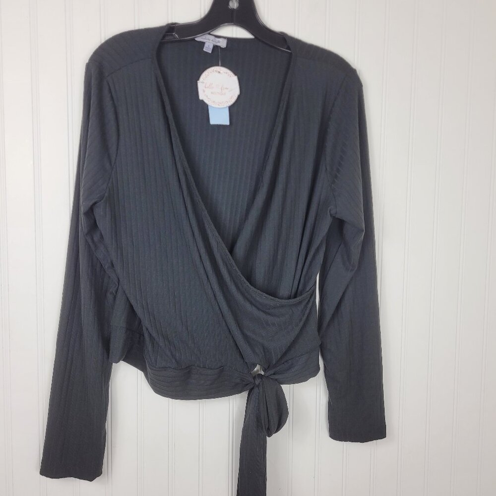 NWT Women's White Birch Black Bell Sleeve Wrap Top, Poly/Spandex SZ Large